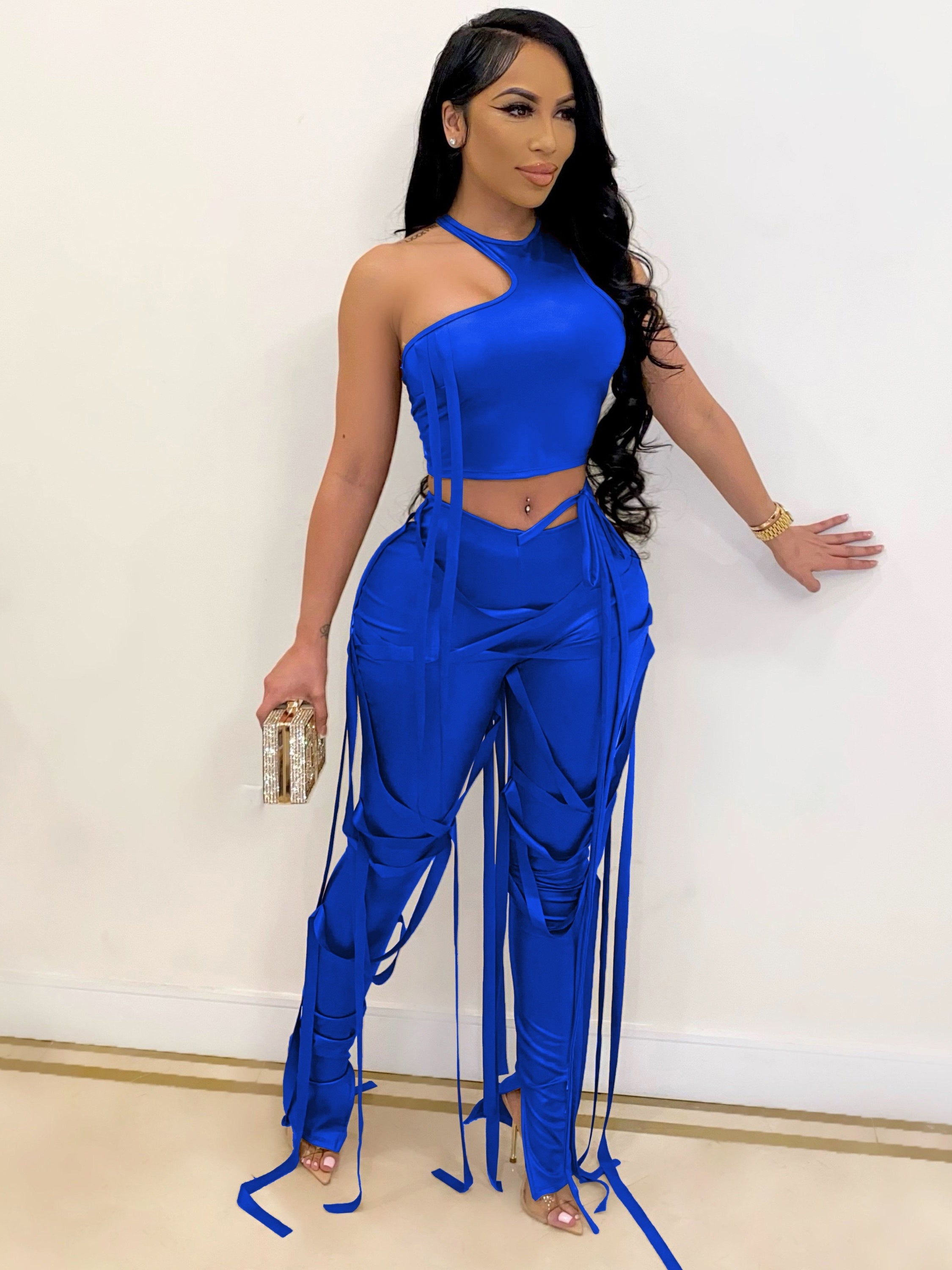 Chic Solid Two-piece Outfit Set - Trendy Asymmetrical Sleeveless Top & Slim-Fit Pants - Flattering Womens Wardrobe Essential